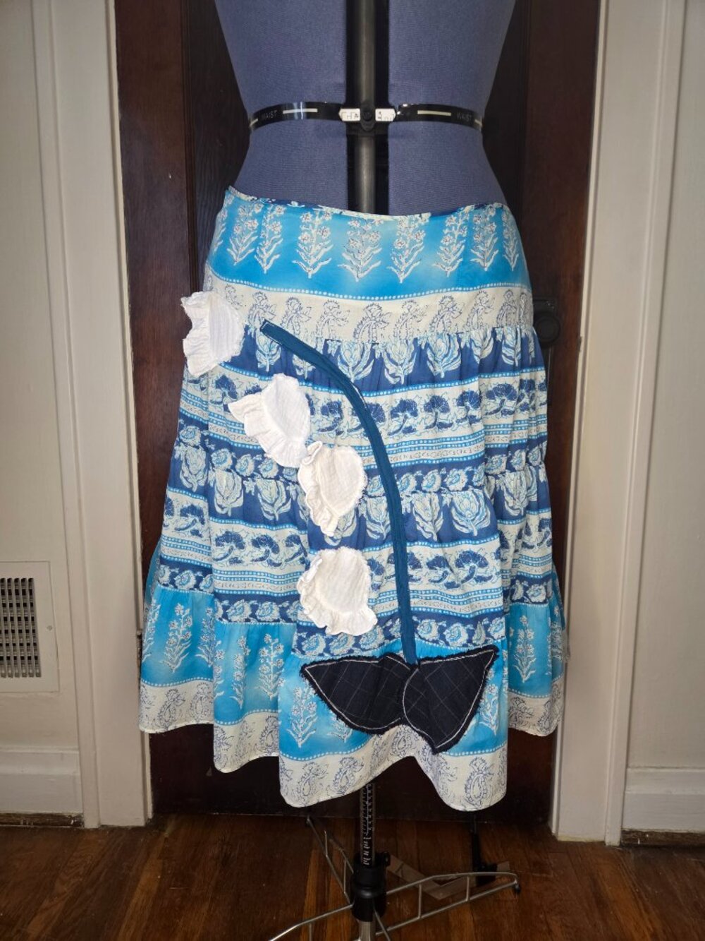 Repaired Upcycled Blue Boho Tiered Flower Applique Midi Skirt